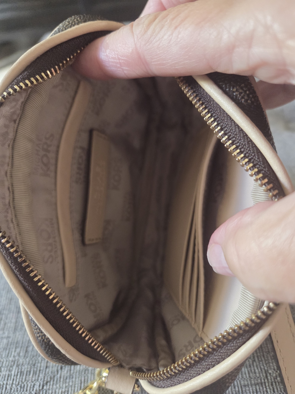 MICHAEL Michael Kors Dark Brown Monogram Camera Mini Crossbody Bag Gold Accents - Picture 8 of 11